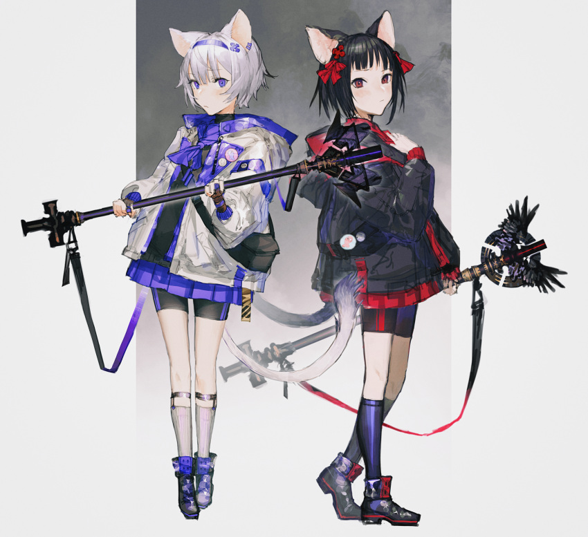 2girls animal_ears black_hair black_jacket blush buttons cat_ears cat_girl cat_tail closed_mouth earrings eyebrows_visible_through_hair grey_hair hairband highres holding holding_staff hood hood_down jacket jewelry multiple_girls nonokuro open_clothes open_jacket original purple_hairband purple_skirt red_eyes red_skirt short_hair skirt sleeves_past_wrists staff standing tail turtleneck violet_eyes white_jacket