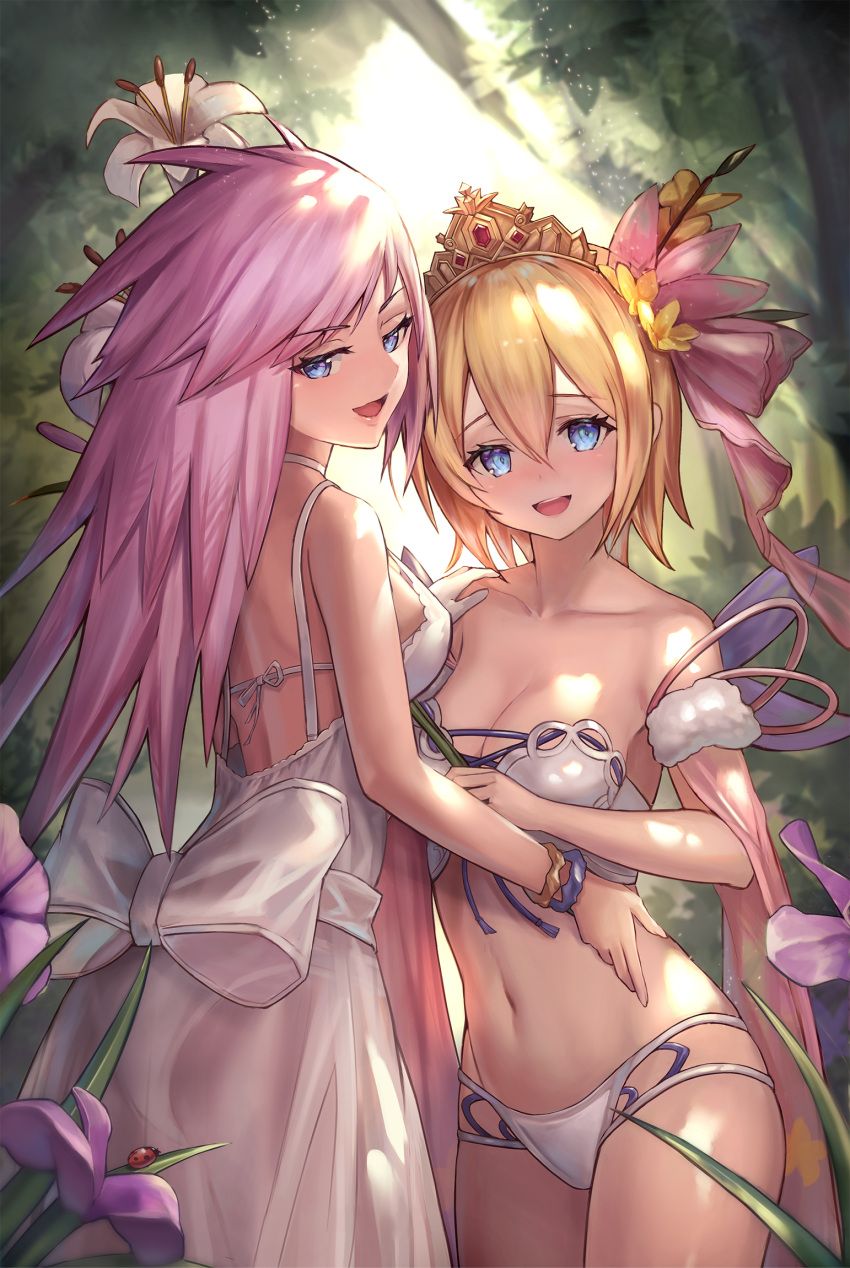 2girls ass blonde_hair blue_eyes bow dress europa_(granblue_fantasy) flower gabriel_(granblue_fantasy) granblue_fantasy hair_flower hair_ornament highres long_hair looking_at_viewer multiple_girls navel open_mouth pink_hair sachi_(160332) see-through short_hair smile swimsuit tiara white_dress yuri