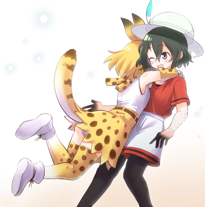 2girls ;d animal_ears bangs bare_shoulders black_eyes black_hair black_legwear blonde_hair elbow_gloves eyebrows_visible_through_hair glomp gloves gradient gradient_background hair_between_eyes hat hat_feather highres hug kaban_(kemono_friends) kemono_friends legwear_under_shorts multiple_girls one_eye_closed open_mouth panties pantyhose pantyshot print_legwear print_neckwear print_skirt red_shirt serval_(kemono_friends) serval_ears serval_print serval_tail shirt shoes short_hair short_sleeves shorts simple_background skirt sleeveless sleeveless_shirt smile tail thigh-highs tmtkn1 underwear white_footwear white_headwear white_panties white_shirt white_shorts