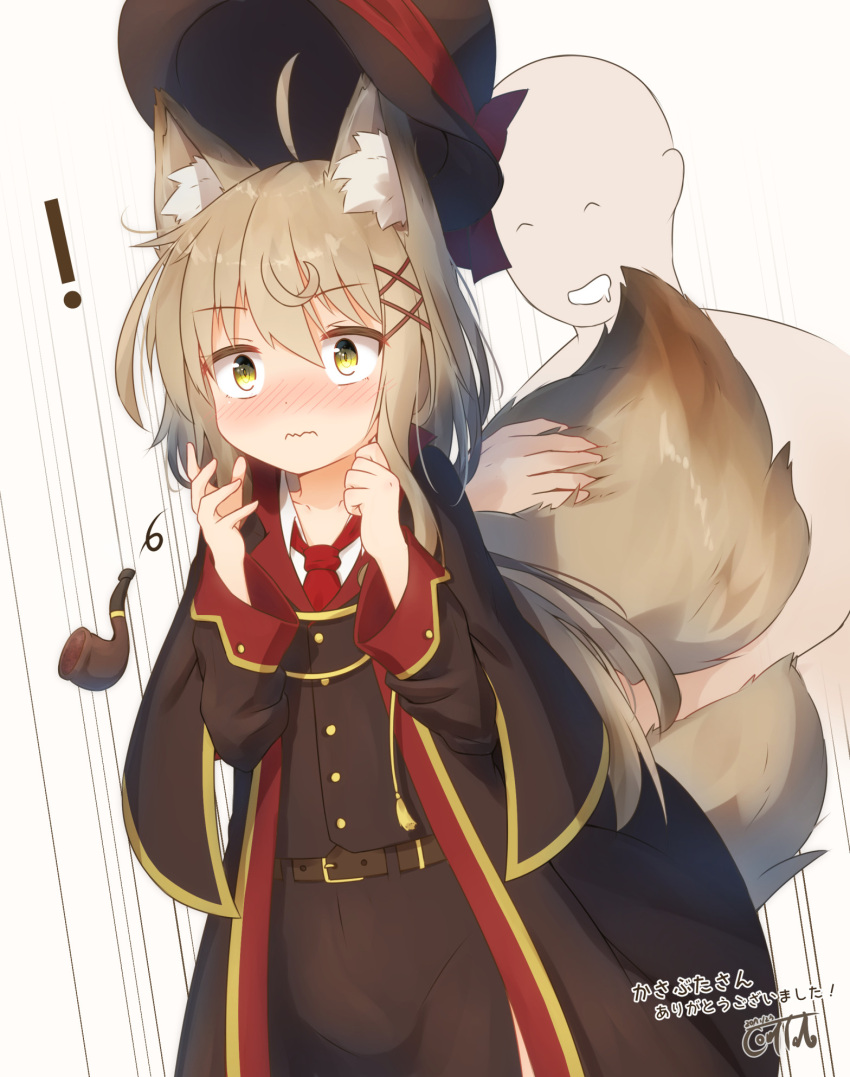 ! 1boy 1girl ^_^ ahoge animal_ear_fluff animal_ears bangs black_coat black_skirt black_vest blush brown_background brown_hair closed_eyes closed_mouth coat collared_shirt commentary_request coreytaiyo dated drooling eyebrows_visible_through_hair hair_between_eyes hair_ornament hands_up highres long_hair long_sleeves mouth_drool necktie nose_blush open_clothes open_coat original pipe red_neckwear shirt signature skirt solo_focus surprised tail tail_hug translation_request very_long_hair vest wavy_mouth white_shirt wide_sleeves x_hair_ornament yellow_eyes