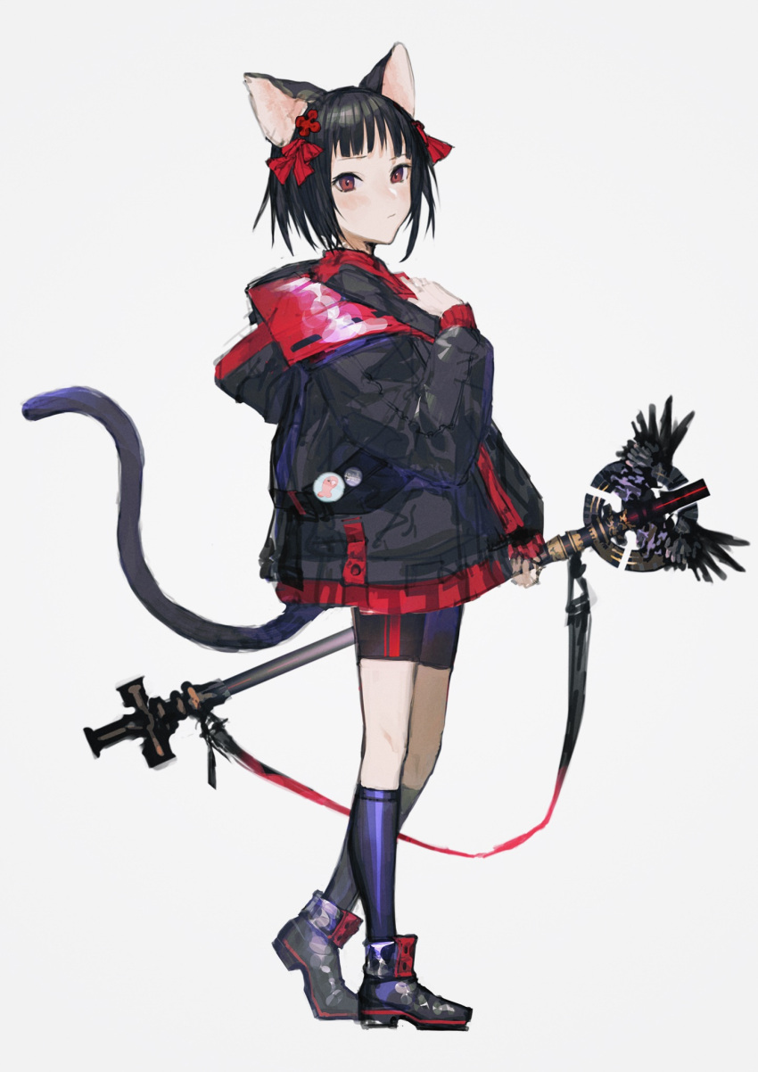 1girl animal_ears black_hair black_jacket blush buttons cat_ears cat_girl cat_tail closed_mouth grey_background highres holding holding_staff hood hood_down jacket nonokuro original red_eyes red_skirt short_hair simple_background skirt sleeves_past_wrists solo staff standing tail