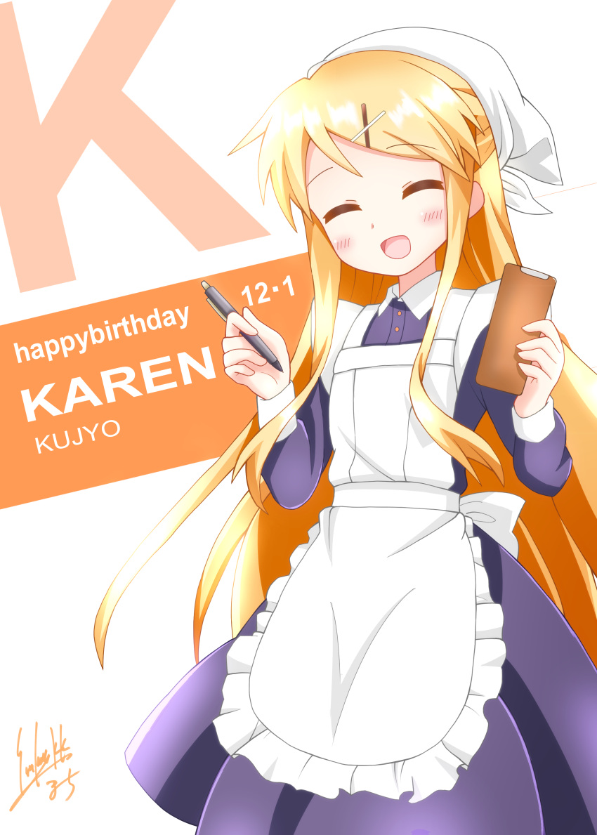 1girl :d ^_^ absurdres apron bangs blonde_hair blush buttons character_name closed_eyes commentary_request dated dress english_text eyebrows_visible_through_hair facing_viewer frilled_apron frills hair_ornament happy happy_birthday head_scarf highres holding holding_pen kin-iro_mosaic kujou_karen long_hair long_sleeves march_(sakamoto_takuya) open_mouth pen purple_dress shiny shiny_hair signature smile solo standing very_long_hair waitress white_apron white_background white_headwear x_hair_ornament