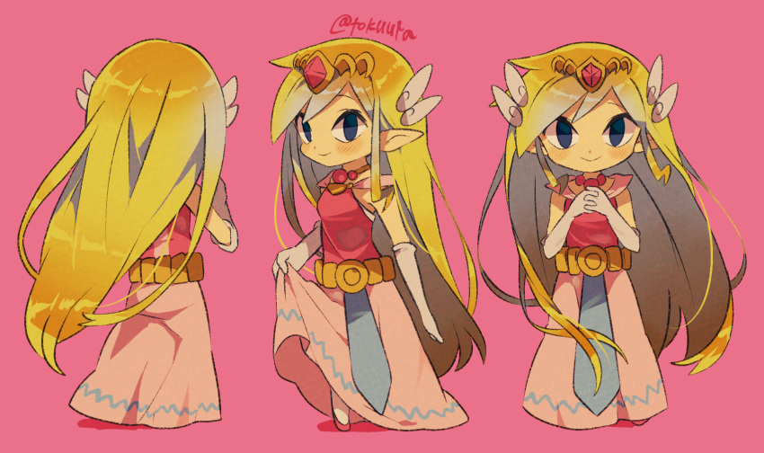 1girl artist_name bangs belt blonde_hair blue_eyes blush closed_mouth commentary_request dress gloves hair_ornament hands_together highres long_hair looking_at_viewer multiple_views pink_background pointy_ears princess_zelda skirt_hold sleeveless smile the_legend_of_zelda the_legend_of_zelda:_the_wind_waker tiara tokuura watermark