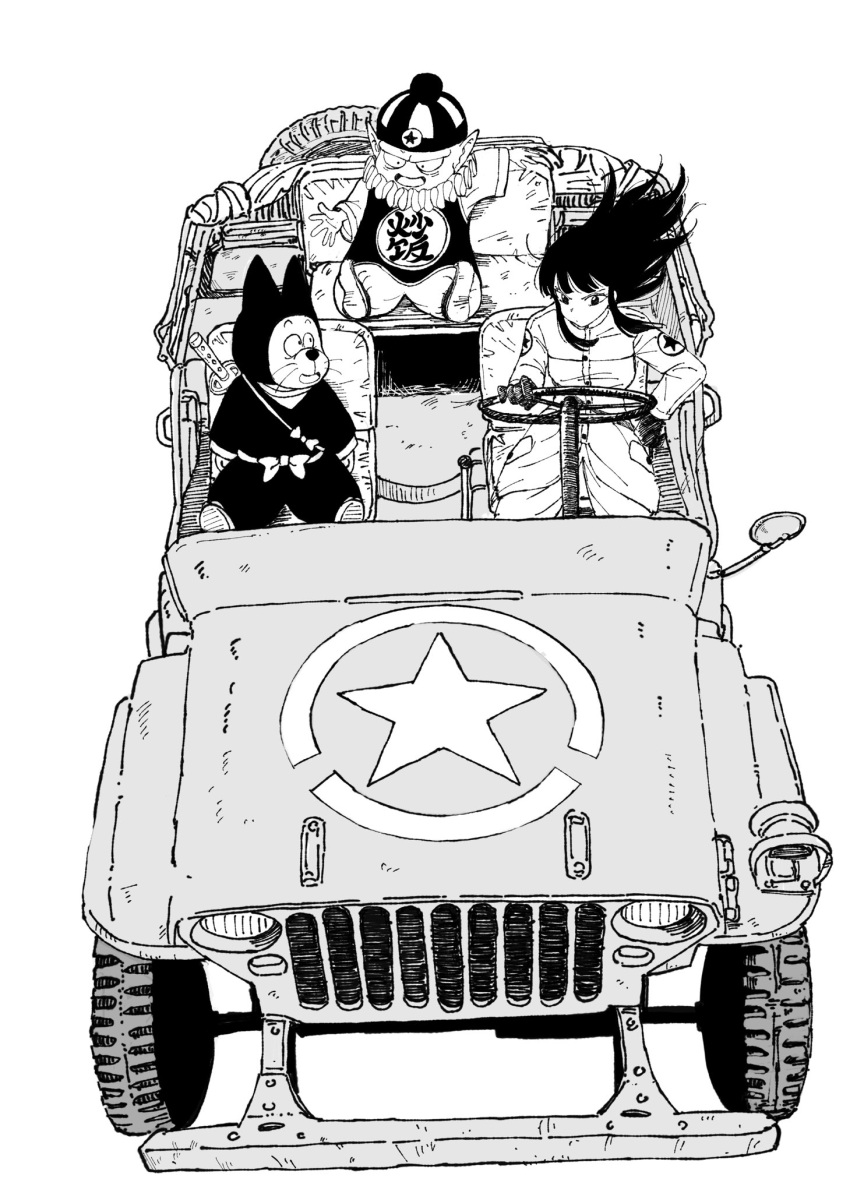 1girl 2boys :d bangs bow breasts buttons car closed_mouth coat commentary_request dragon_ball dragon_ball_(classic) driving frown gloves grey_background greyscale ground_vehicle hat highres kajino_(aosansai) katana left-hand_drive long_hair long_sleeves looking_at_another mai_(dragon_ball) monochrome motor_vehicle multiple_boys open_mouth pilaf rear-view_mirror shoes shuu_(dragon_ball) simple_background sitting smile snout star_(symbol) steering_wheel sword sword_behind_back weapon whiskers