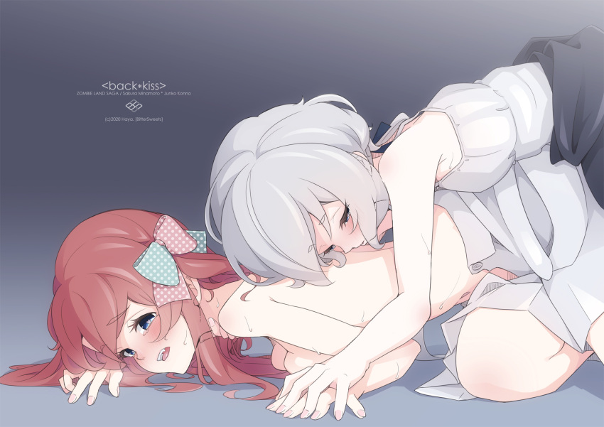 2girls all_fours back_kiss blue_eyes blush bow camisole commentary_request dress_pull gradient gradient_background grey_background grey_hair hair_bow haya_bs highres interlocked_fingers konno_junko long_hair low_twintails minamoto_sakura multiple_girls navel pink_nails polka_dot polka_dot_bow redhead shirt_removed side_ponytail sweat topless twintails zombie_land_saga