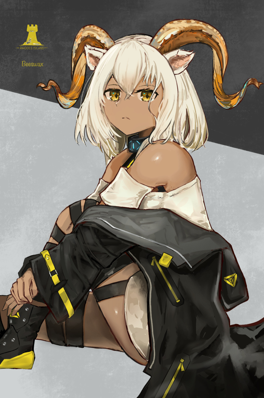 1girl absurdres animal_ears arknights bangs bare_shoulders beeswax_(arknights) black_footwear black_jacket boots commentary dark_skin dress grey_background hachiko_(0088) hair_between_eyes highres horns jacket long_sleeves looking_at_viewer off-shoulder_dress off_shoulder rhodes_island_logo short_dress short_hair silver_hair sitting solo two-tone_background white_dress yellow_eyes