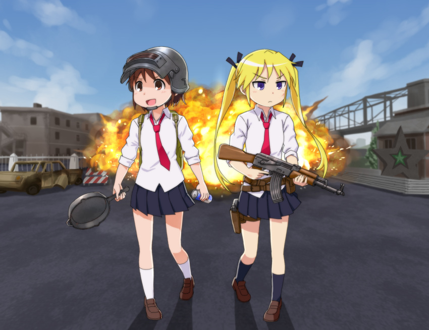 2girls :d backpack bag bangs black_legwear black_ribbon black_skirt blonde_hair blue_sky blush brown_eyes brown_footwear brown_hair building can car closed_mouth clouds collared_shirt commentary_request energy_drink explosion frown frying_pan ground_vehicle gun hair_ribbon holding holding_can holding_frying_pan holding_gun holding_weapon holster kill_me_baby long_hair looking_to_the_side loose_necktie mohya motor_vehicle multiple_girls necktie open_mouth oribe_yasuna outdoors playerunknown's_battlegrounds pleated_skirt red_bull red_neckwear ribbon rifle school_uniform shadow shiny shiny_hair shirt shoes short_hair skirt sky sleeves_rolled_up smile socks sonya_(kill_me_baby) star_(symbol) thigh_holster twintails violet_eyes walking weapon weapon_request white_legwear white_shirt