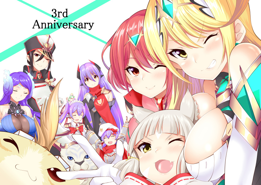 6+girls absurdres anniversary blonde_hair blue_hair breasts brighid_(xenoblade) daive highres large_breasts long_hair morag_ladair_(xenoblade) multiple_girls mythra_(xenoblade) nia_(xenoblade) pandoria_(xenoblade) poppi_(xenoblade) poppi_alpha_(xenoblade) poppi_qt_(xenoblade) poppi_qtpi_(xenoblade) purple_hair pyra_(xenoblade) short_hair silver_hair tora_(xenoblade_2) xenoblade_chronicles_(series) xenoblade_chronicles_2 zeke_von_genbu_(xenoblade)