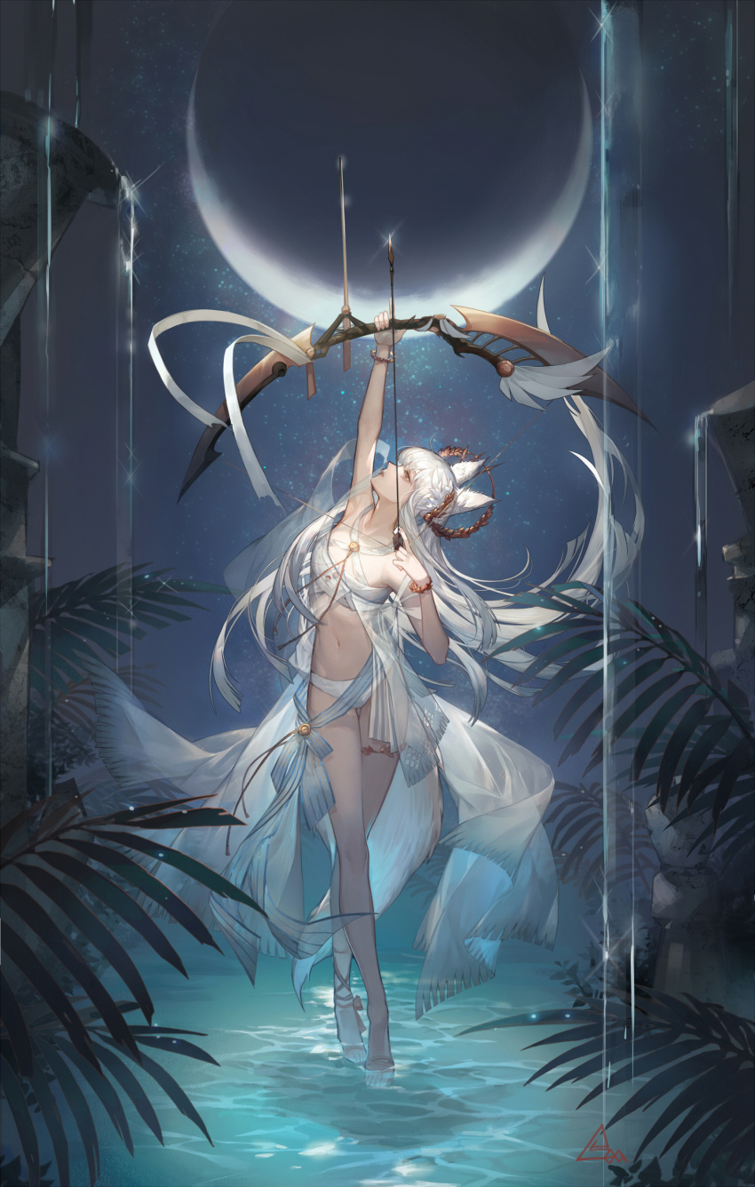 1girl absurdres animal_ears arknights arm_up arrow_(projectile) bandeau bare_arms bare_legs bare_shoulders bikini bow_(weapon) chinese_commentary commentary_request crescent_moon criss-cross_halter crossed_legs full_body halterneck highres holding holding_arrow holding_bow_(weapon) holding_weapon laurel_crown long_hair looking_up moon navel platinum_(arknights) platinum_(sunny_dew)_(arknights) profile silver_hair solo spade-m standing stomach swimsuit watson_cross weapon white_bikini