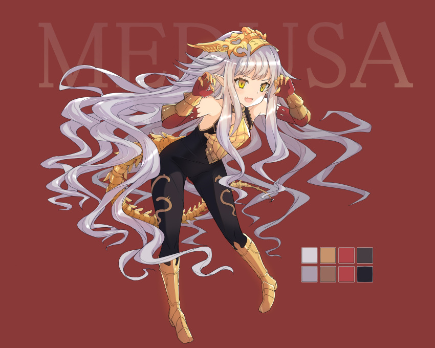 1girl :d absurdres armor bangs bare_shoulders black_bodysuit blush bodysuit breastplate claw_pose color_guide elbow_gloves eyebrows_visible_through_hair fang full_body gauntlets gloves granblue_fantasy hair_between_eyes headpiece highres long_hair looking_at_viewer medusa_(shingeki_no_bahamut) open_mouth pointy_ears red_gloves shingeki_no_bahamut simple_background slit_pupils smile solo tail very_long_hair yellow_eyes yodori