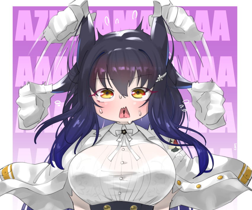 1girl absurdres animal_ears azuma_(azur_lane) azur_lane blue_hair bra bra_through_clothes breasts disembodied_limb eyebrows_visible_through_hair gloves hair_between_eyes highres jacket jacket_on_shoulders large_breasts long_hair open_clothes open_jacket open_mouth purple_background shirt solo sweat underwear upper_body uzda_ricecake white_bra white_gloves white_jacket white_shirt yellow_eyes