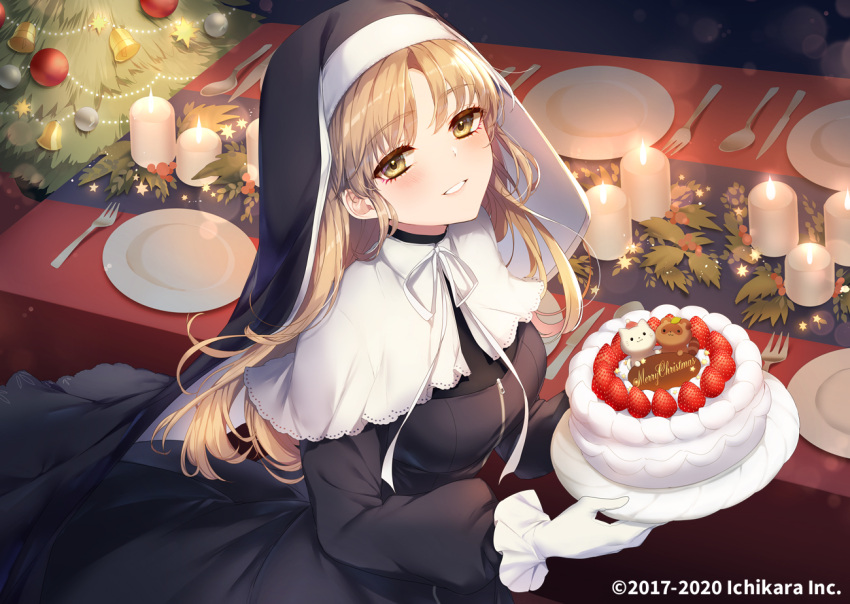 1girl bangs black_dress breasts brown_hair candle christmas christmas_cake christmas_ornaments christmas_tree commentary_request dress eyebrows_visible_through_hair fire fork gloves habit holding holding_plate knife long_hair long_sleeves looking_at_viewer medium_breasts neko-san_(dim.dream) nijisanji nun official_art parted_bangs parted_lips plate puffy_long_sleeves puffy_sleeves sister_cleaire smile solo spoon table very_long_hair virtual_youtuber watermark white_gloves yellow_eyes