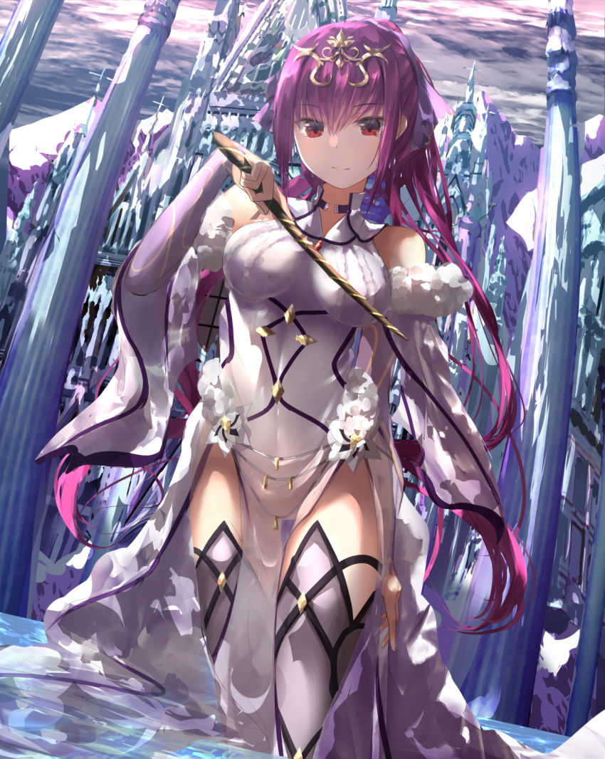 1girl bare_shoulders bow breasts castle clouds commentary detached_sleeves dress eyebrows_visible_through_hair fate/grand_order fate_(series) fur-trimmed_dress fur_trim hair_between_eyes hair_bow hair_ornament hair_ribbon headpiece highres holding holding_wand ice jewelry long_hair long_sleeves looking_at_viewer medium_breasts outdoors pelvic_curtain ponytail purple_bow purple_hair purple_ribbon red_eyes ribbon sakazakinchan scathach_(fate)_(all) scathach_skadi_(fate/grand_order) sky smile solo thigh-highs thighs tiara wand white_dress