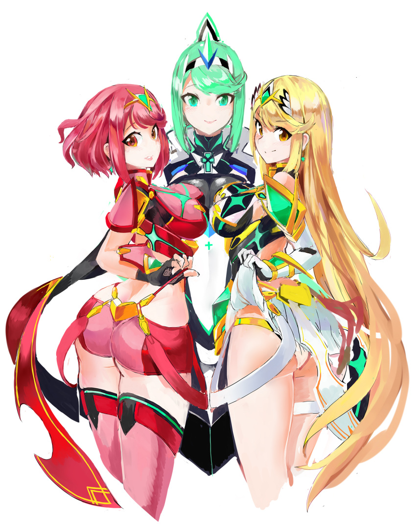 3girls blonde_hair breast_press green_eyes green_hair highres jewelry long_hair multiple_girls mythra_(xenoblade) panties pantyshot pneuma_(xenoblade) pyra_(xenoblade) red_eyes redhead shorts simple_background skindentation symmetrical_docking tim_(a9243190a) underwear white_background xenoblade_chronicles_(series) xenoblade_chronicles_2