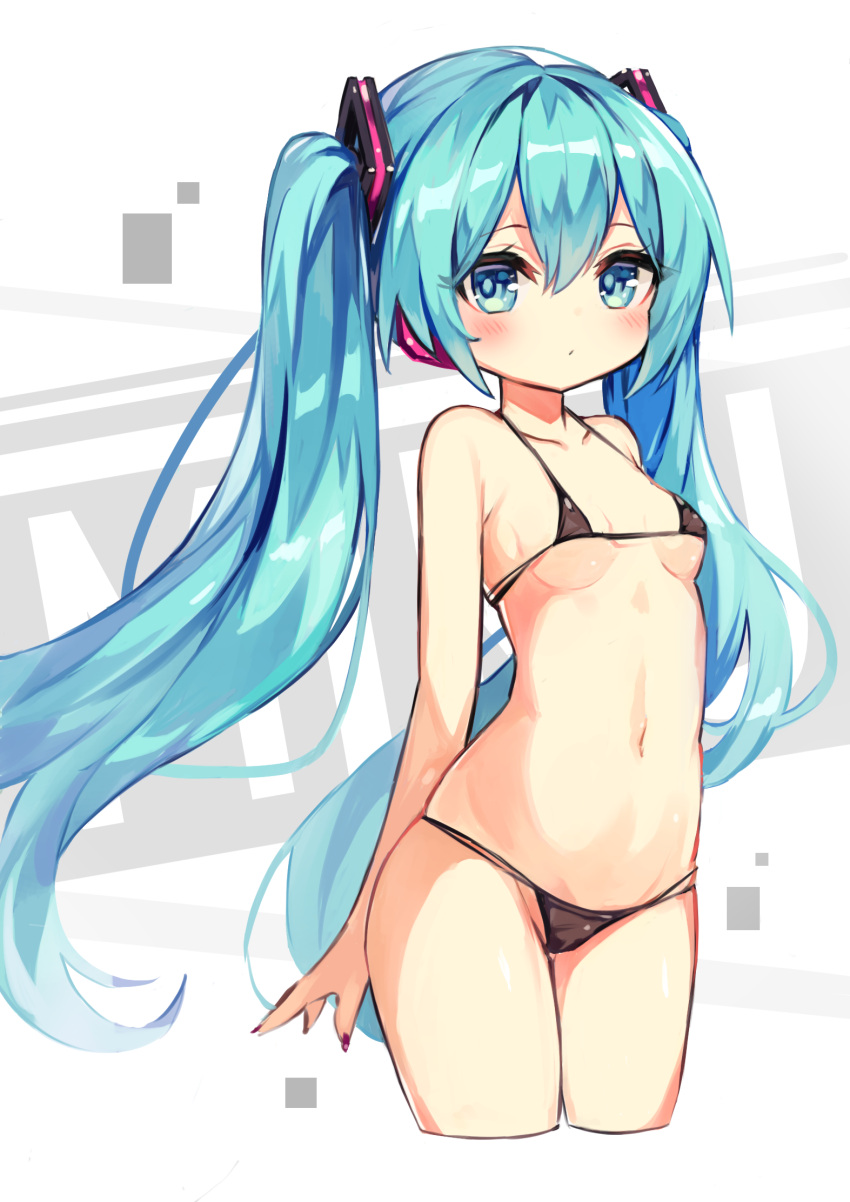 1girl aqua_eyes aqua_hair bikini black_bikini blush breasts cowboy_shot fujii_shino hair_between_eyes hatsune_miku highres long_hair looking_at_viewer micro_bikini nail_polish navel red_nails small_breasts solo standing swimsuit twintails very_long_hair vocaloid white_background