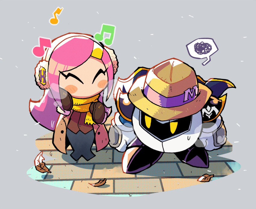 1boy 1girl armor autumn_leaves breath cape closed_eyes coat earmuffs gloves grey_background highres kirby:_planet_robobot kirby_(series) long_hair mask meta_knight musical_note pink_hair rariatto_(ganguri) scarf shoulder_armor spoken_squiggle squiggle susie_(kirby)