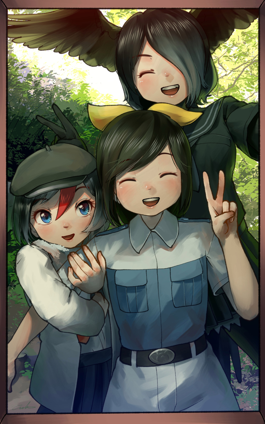 3girls :d ^_^ absurdres arctic_tern_(kemono_friends) arm_hug belt black_gloves black_hair black_wings blue_eyes breast_pocket captain_(kemono_friends) closed_eyes commentary_request eyebrows_visible_through_hair facing_viewer frame gloves hair_over_one_eye hair_ribbon hat head_wings highres jungle_crow_(kemono_friends) kemono_friends long_sleeves looking_at_viewer multicolored_hair multiple_girls nature open_mouth outdoors pocket redhead ribbon short_hair short_sleeves signature smile spread_wings two-tone_hair upper_teeth v welt_(kinsei_koutenkyoku) wings yellow_ribbon