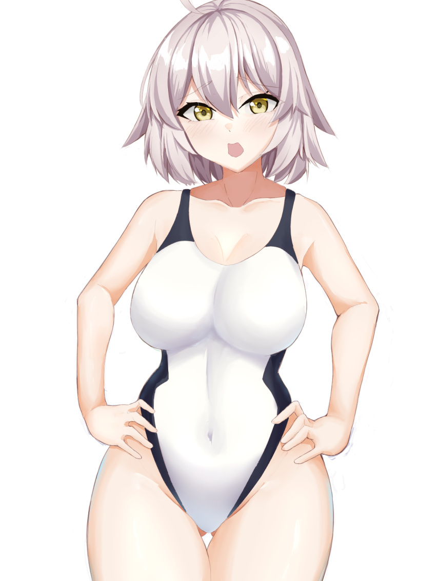 1girl 72_(mmmmkk) ahoge alternate_costume bangs black_swimsuit breasts competition_swimsuit cosplay covered_navel fate/grand_order fate_(series) highleg highleg_swimsuit highres jeanne_d'arc_(alter)_(fate) jeanne_d'arc_(fate)_(all) jeanne_d'arc_(swimsuit_archer) jeanne_d'arc_(swimsuit_archer)_(cosplay) large_breasts multicolored multicolored_clothes multicolored_swimsuit one-piece_swimsuit short_hair silver_hair solo swimsuit white_swimsuit yellow_eyes