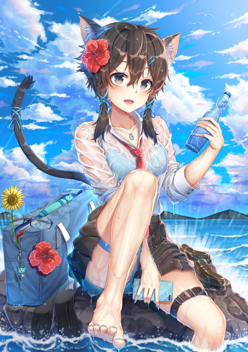 1girl absurdres animal animal_ear_fluff animal_ears bag bangs barefoot bird blue_bra blue_nails blue_ribbon blue_skirt blue_sky book bottle bra bra_through_clothes breast_pocket breasts brown_footwear brown_skirt cat_ears cat_girl cat_tail character_request check_character clouds collarbone collared_shirt day eyewear_removed fang flower glasses hair_between_eyes hair_flower hair_ornament hair_ribbon hairclip hibiscus highres holding holding_bottle jewelry kishita_yuu knee_up long_hair long_sleeves looking_at_viewer lower_teeth miniskirt necklace necktie ocean open_mouth outdoors pantyhose pantyhose_removed pleated_skirt pocket ramune red_flower red_neckwear ribbon rock see-through shirt shoes_removed sinon sitting skirt sky smile solo sunflower sword_art_online tail tail_ornament tail_ribbon thigh_strap toenail_polish toes two-sided_fabric two-sided_skirt underwear water wet wet_clothes wet_hair wet_shirt white_shirt