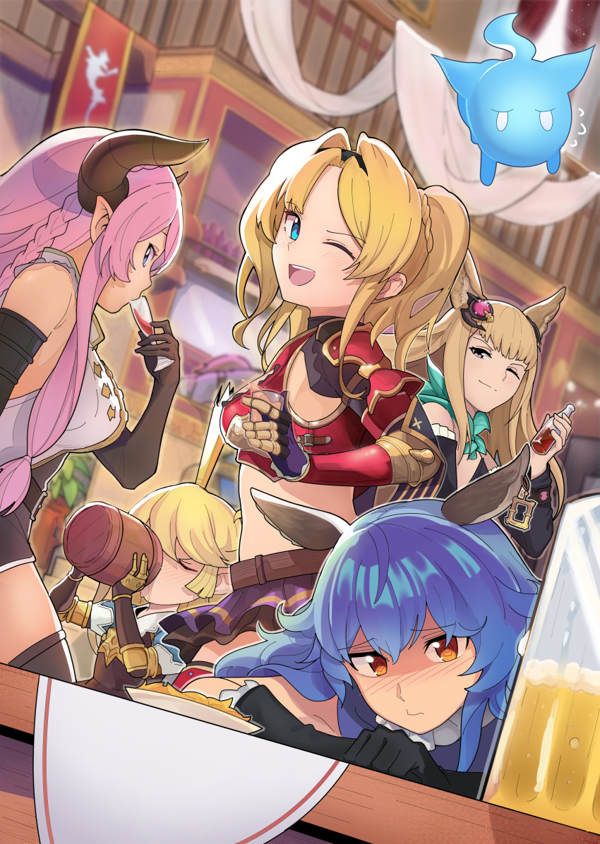 5girls absurdres animal_ears black_gloves blonde_hair blue_hair blush brown_eyes character_request closed_eyes closed_mouth cup day drinking drinking_glass elbow_gloves eyebrows_visible_through_hair ferry_(granblue_fantasy) frip gloves granblue_fantasy highres holding holding_cup horns long_hair looking_at_viewer metera_(granblue_fantasy) multiple_girls narmaya_(granblue_fantasy) one_eye_closed outdoors pink_hair ponytail smile upper_teeth wine_glass zeta_(granblue_fantasy)