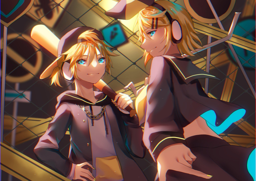 1boy 1girl aryuma772 backwards_hat baseball_bat baseball_cap blonde_hair blue_eyes blurry blurry_background bow brother_and_sister caution_tape chain-link_fence depth_of_field dutch_angle fence hair_bow hand_on_hip hat headphones highres holding holding_baseball_bat holding_pipe holding_weapon hood hoodie kagamine_len kagamine_rin long_sleeves looking_at_viewer looking_back pipe rettou_joutou_(vocaloid) sailor_collar short_hair short_ponytail siblings sign smile twins vocaloid weapon yellow_neckwear