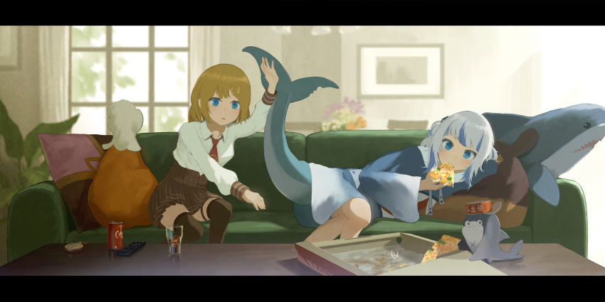2girls absurdres bangs black_legwear blonde_hair bloop_(gawr_gura) blue_eyes blue_hair blunt_bangs brown_skirt chicken_leg controller couch crossed_legs cup eating etta eyebrows_behind_hair fish_tail food gawr_gura gradient_clothes highres hololive hololive_english indoors letterboxed light_rays lying multicolored_hair multiple_girls necktie on_side parted_lips picture_frame pillow pizza pleated_skirt puffy_sleeves red_neckwear remote_control shark_tail shirt short_hair silver_hair sitting skirt soda streaked_hair stuffed_animal stuffed_toy table tail thigh-highs two_side_up virtual_youtuber watson_amelia white_shirt wide_sleeves window