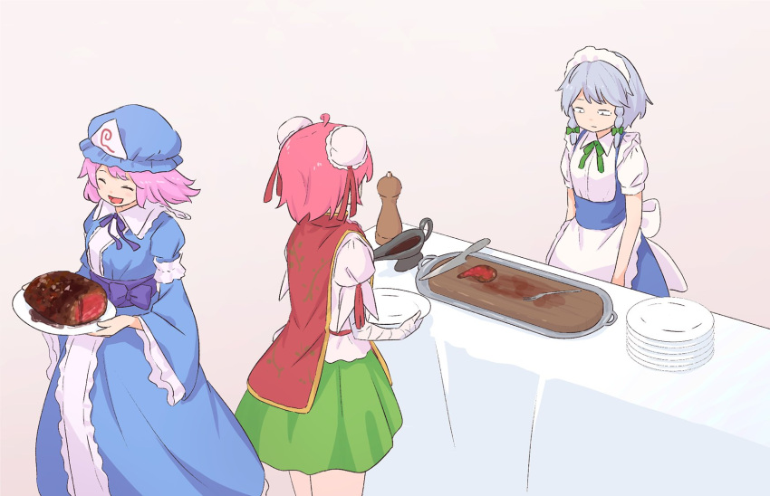 3girls :d :| ahoge apron bandaged_arm bandages bangs beige_background blue_bow blue_headwear blue_kimono blue_neckwear blue_ribbon blue_sash bow braid bun_cover chinese_clothes closed_eyes closed_mouth collar collared_shirt constricted_pupils cutting cutting_board double_bun floating_hair food frilled_apron frilled_collar frilled_kimono frills from_above green_bow green_neckwear green_ribbon green_skirt hair_bow hair_ribbon happy hat highres holding holding_plate ibaraki_kasen izayoi_sakuya japanese_clothes kanpa_(campagne_9) kimono kitchen_knife knife long_sleeves maid maid_headdress meat mob_cap multiple_girls neck_ribbon obi open_mouth pepper pink_hair plate puffy_short_sleeves puffy_sleeves red_ribbon red_tabard ribbon saigyouji_yuyuko sash saucer shirt short_hair short_sleeves silver_hair simple_background skirt smile soy_sauce standing tabard table tablecloth touhou triangular_headpiece twin_braids waist_apron walking_away white_bow white_sash white_shirt wide_oval_eyes wide_sleeves wing_collar