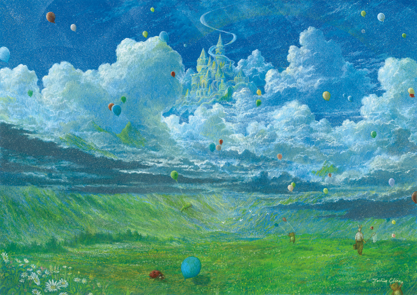 balloon bear bird blue_sky bug castle clouds cloudy_sky commentary_request day ebine_toshio field flower from_behind holding holding_balloon insect ladybug original outdoors rabbit scenery signature sky tapir