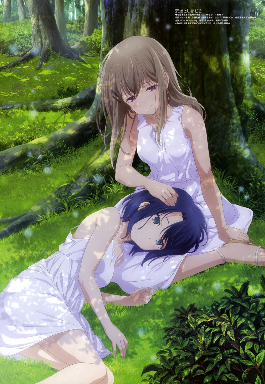 2girls absurdres adachi_sakura adachi_to_shimamura artist_request bare_arms bare_shoulders blue_eyes blue_hair brown_hair couple dress grass highres long_hair megami_magazine multiple_girls scan shimamura_hougetsu short_hair skirt tree tree_shade violet_eyes white_dress white_skirt yuri