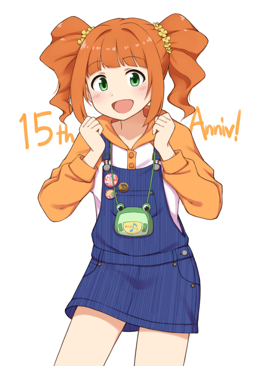 1girl :d absurdres anniversary badge bag blue_overalls blush button_badge commentary_request cowboy_shot eyebrows_visible_through_hair green_eyes hair_ornament hair_scrunchie handbag hands_up happy highres hood hoodie idolmaster idolmaster_(classic) long_sleeves looking_at_viewer mohya open_mouth orange_hair overall_skirt overalls raglan_sleeves scrunchie short_hair simple_background smile solo standing takatsuki_yayoi twintails white_background yellow_scrunchie