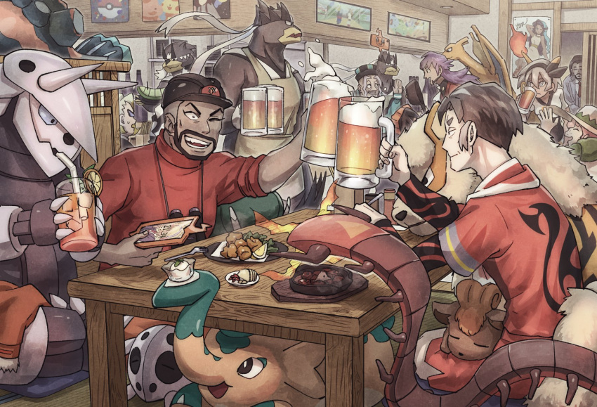 1girl 6+boys aggron alcohol apron arcanine aron bea_(pokemon) beer beer_mug binoculars black_headwear centiskorch charizard closed_eyes commentary_request copperajah cufant cup dark_skin dark_skinned_male drinking eye_contact fire flame foam food fork freckles fruit gen_1_pokemon gen_3_pokemon gen_4_pokemon gen_8_pokemon gordie_(pokemon) hat helmet highres holding holding_cup indoors kabu_(pokemon) korokoro_daigorou legendary_pokemon leon_(pokemon) long_hair looking_at_another milo_(pokemon) mug multiple_boys mustard_(pokemon) nessa_(pokemon) one_eye_closed open_mouth orange orange_slice peony_(pokemon) pink_hair plate pokemon pokemon_(creature) pokemon_(game) pokemon_swsh poster_(object) purple_hair rose_(pokemon) rotom rotom_phone shirt short_hair short_sleeves sitting smile standing table teeth tongue urshifu vulpix