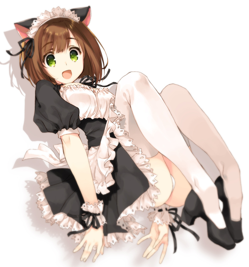 1girl :d alternate_costume animal_ears apron bangs black_dress black_footwear breasts brown_hair cat_ears dress enmaided eyebrows_visible_through_hair fake_animal_ears framed_breasts frilled_apron frills full_body green_eyes high_heels highres idolmaster idolmaster_cinderella_girls looking_at_viewer maekawa_miku maid maid_headdress medium_breasts mitsumi_misato open_mouth puffy_short_sleeves puffy_sleeves raised_eyebrows shadow shoes short_hair short_sleeves simple_background sleeve_cuffs smile solo thigh-highs waist_apron white_background white_legwear wrist_cuffs