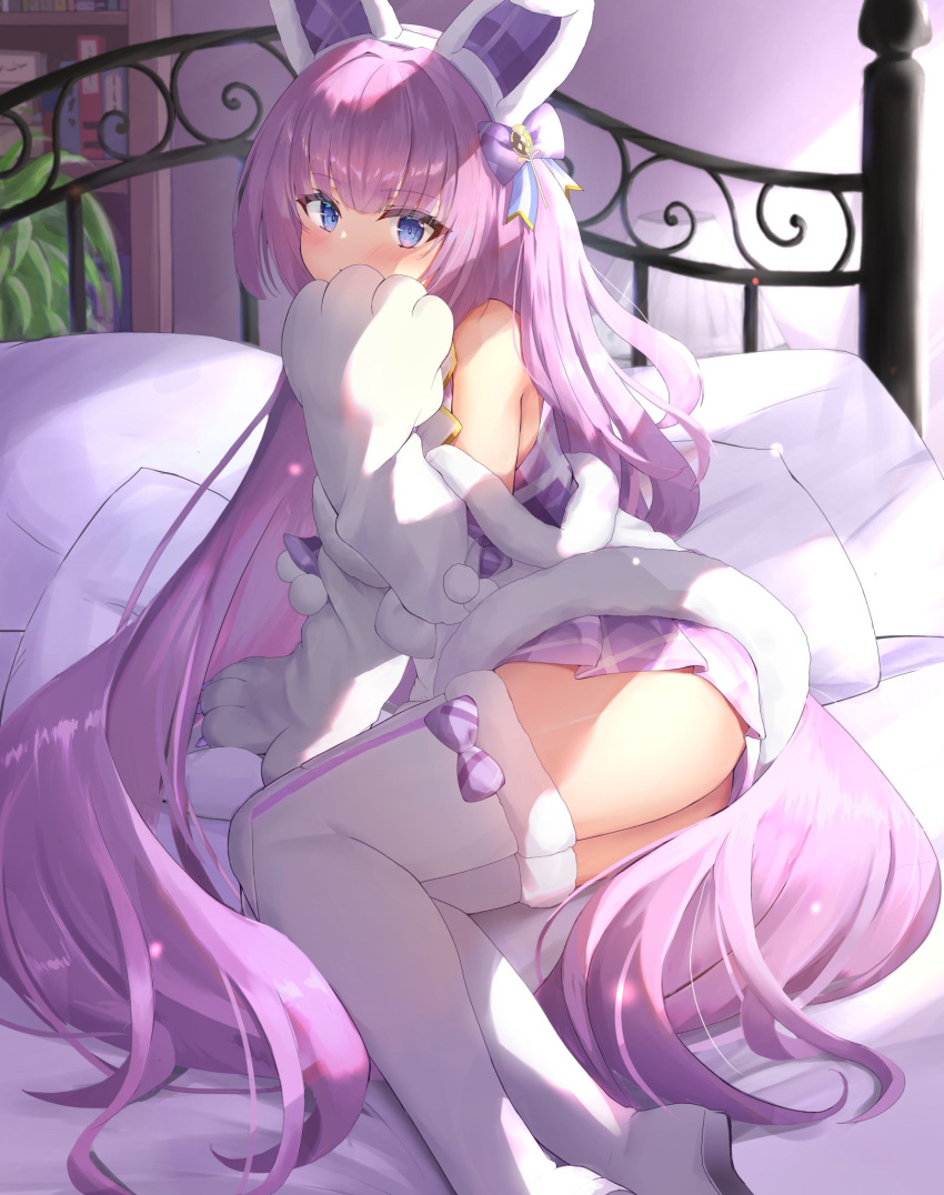 1girl animal_ears ass azur_lane bangs bare_shoulders blue_eyes blush bookshelf boots bow cat_paws eyebrows_visible_through_hair fake_animal_ears fur-trimmed_footwear hair_bow hair_ornament hairband hairpin highres indoors long_hair looking_at_viewer lounging miniskirt nose_(oekaki1825) on_bed paws plant pleated_skirt potted_plant purple_hair skirt solo tashkent_(azur_lane) tashkent_(muse)_(azur_lane) thigh-highs thigh_boots thighs upturned_eyes very_long_hair white_footwear white_legwear