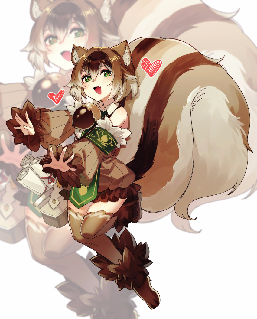 1girl absurdres animal_ears blush brown_hair brown_legwear eyebrows_visible_through_hair full_body green_eyes heart heart-shaped_pupils highres looking_at_viewer monster_girl monster_girl_encyclopedia multicolored_hair open_mouth over-kneehighs ratatoskr_(monster_girl_encyclopedia) rnskkn short_hair smile solo squirrel_ears squirrel_girl squirrel_tail symbol-shaped_pupils tail thigh-highs two-tone_hair white_hair