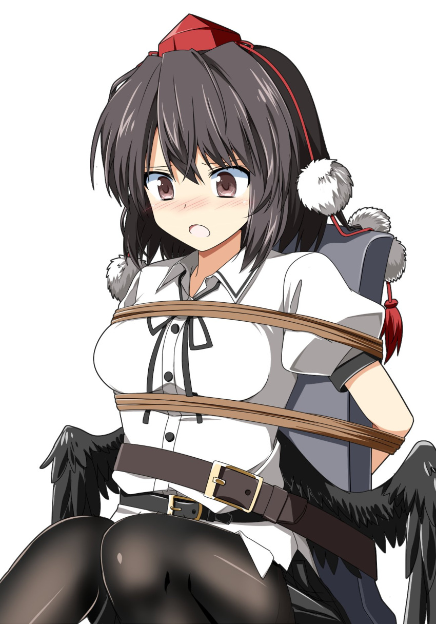 1girl belt black_hair black_legwear blush bound breasts brown_eyes chair hat highres neck_ribbon open_mouth pantyhose pom_pom_(clothes) puffy_short_sleeves puffy_sleeves red_headwear ribbon rise_(rise19851203) rope shameimaru_aya short_sleeves simple_background solo tied_to_chair tokin_hat touhou white_background