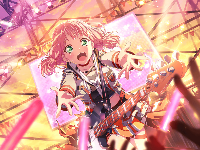 1girl bang_dream! bass_guitar blush cloud decorations dress glowstick green_eyes guitar happy looking_at_viewer official_art open_mouth pink_hair short_hair smile solo_focus sparkle stage_lights sunset sweat uehara_himari