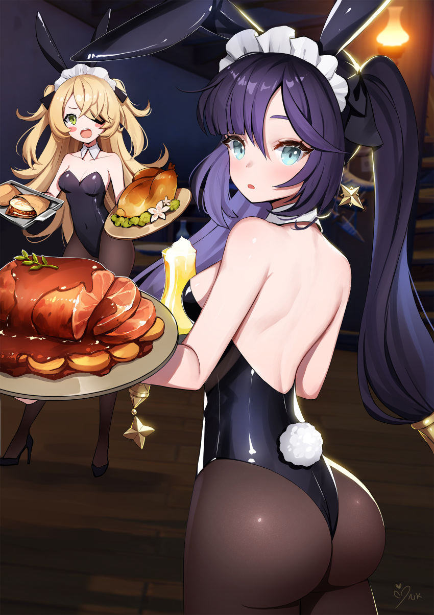 2girls :d absurdres animal_ears ankkoyom ass back backless_leotard bare_arms bare_shoulders black_footwear black_leotard blonde_hair blue_eyes breasts bunny_tail collarbone covered_navel detached_collar eyepatch fake_animal_ears fischl_(genshin_impact) food from_behind genshin_impact green_eyes ham headdress high_heels highres leotard long_hair looking_at_viewer looking_back medium_breasts mona_(genshin_impact) multiple_girls open_mouth parted_lips plate playboy_bunny purple_hair rabbit_ears smile standing strapless strapless_leotard tail turkey twintails two_side_up waitress