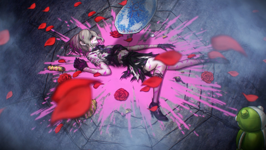 1girl bear black_gloves blood blood_on_face blood_splatter bloody_clothes broken child_drawing corpse covered_eyes cuts dangan_ronpa death gloves high_heels highres indoors injury monodam monosuke necktie new_dangan_ronpa_v3 official_art petals pink_blood puddle_of_blood purple_neckwear robot rose_petals scar shirt shoes silk single_shoe skirt spider_web spider_web_print spoilers torn_clothes torn_legwear torn_shirt torn_skin torn_skirt toujou_kirumi white_hair