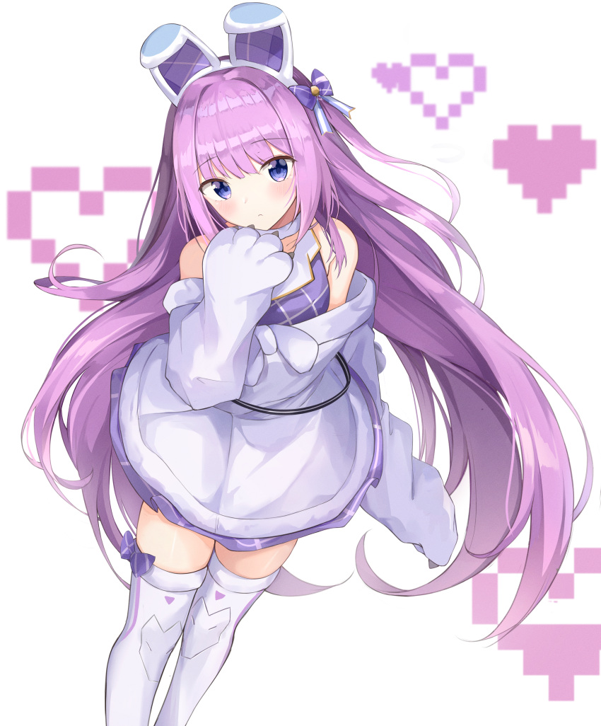 1girl absurdres animal_ears azur_lane bangs bare_shoulders bow closed_mouth collared_shirt commentary_request dress ds_a elbow_gloves eyebrows_visible_through_hair fake_animal_ears gloves hair_bow head_tilt heart heart_background highres huge_filesize long_hair looking_at_viewer off-shoulder_dress off_shoulder paw_gloves paws plaid purple_bow purple_hair purple_shirt rabbit_ears shirt sleeveless sleeveless_shirt solo tashkent_(azur_lane) tashkent_(muse)_(azur_lane) thigh-highs very_long_hair violet_eyes white_background white_dress white_gloves white_legwear