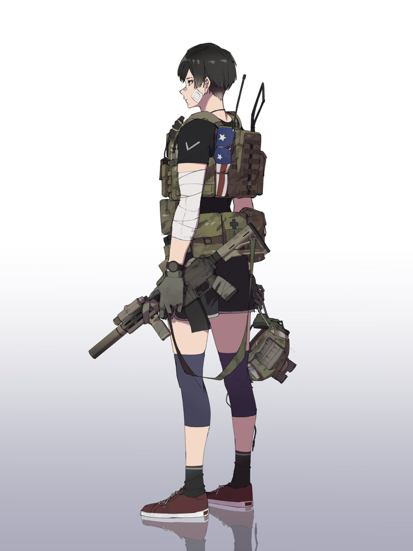 1girl american_flag assault_rifle bandaged_arm bandages bandaid bandaid_on_face black_hair black_shirt black_shorts black_socks blue_eyes camouflage compression_sleeve expressionless from_side full_body gun helmet highres holding holding_gun holding_helmet holding_weapon load_bearing_vest looking_ahead m4_carbine original pen_guin15 red_footwear rifle shirt short_hair short_sleeves shorts simple_background socks solo suppressor unworn_headwear weapon white_background