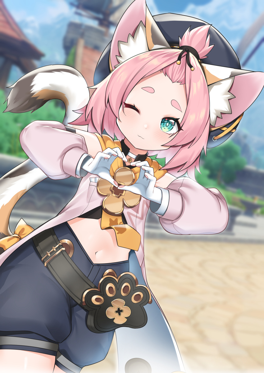 1girl ;) absurdres animal_ears blush building cat_ears cowboy_shot day detached_sleeves diona_(genshin_impact) genshin_impact gloves green_eyes hat heart heart_hands highres long_sleeves midriff navel neko_lu_(wofud453) one_eye_closed outdoors paw_gloves paws pink_hair short_hair shorts smile tied_hair