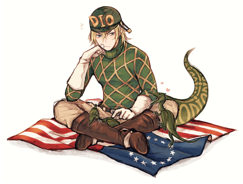 /\/\/\ 1boy american_flag bandage_on_face bandages belt blonde_hair boots chin_rest crossed_legs diego_brando dinosaur dinosaur_tail eyebrows_visible_through_hair flag gloves green_eyes green_headwear green_sweater hair_between_eyes hand_on_own_chin hat heart highres historical_american_flag jojo_no_kimyou_na_bouken knee_boots male_focus petting scary_monsters_(stand) shibia_(tagou) short_hair sideways_glance sitting solo spurs steel_ball_run sweater tail turtleneck white_background white_gloves