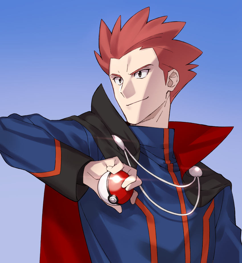 1boy absurdres brown_eyes cape closed_mouth commentary_request glint highres holding holding_poke_ball lance_(pokemon) long_sleeves looking_to_the_side male_focus nagiko_(mangalove1111) poke_ball poke_ball_(basic) pokemon pokemon_(game) pokemon_hgss redhead smile solo spiky_hair upper_body