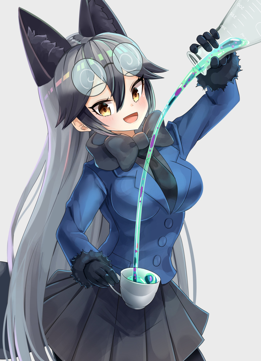 1girl absurdres animal_ear_fluff animal_ears black_hair breasts commentary_request decantering dragon_star2 extra_ears eyebrows_visible_through_hair eyewear_on_head fox_ears fox_tail fur-trimmed_sleeves fur_trim glasses highres kemono_friends long_hair looking_at_viewer medium_breasts multicolored_hair necktie open_mouth silver_fox_(kemono_friends) silver_hair simple_background solo tail two-tone_hair very_long_hair white_background