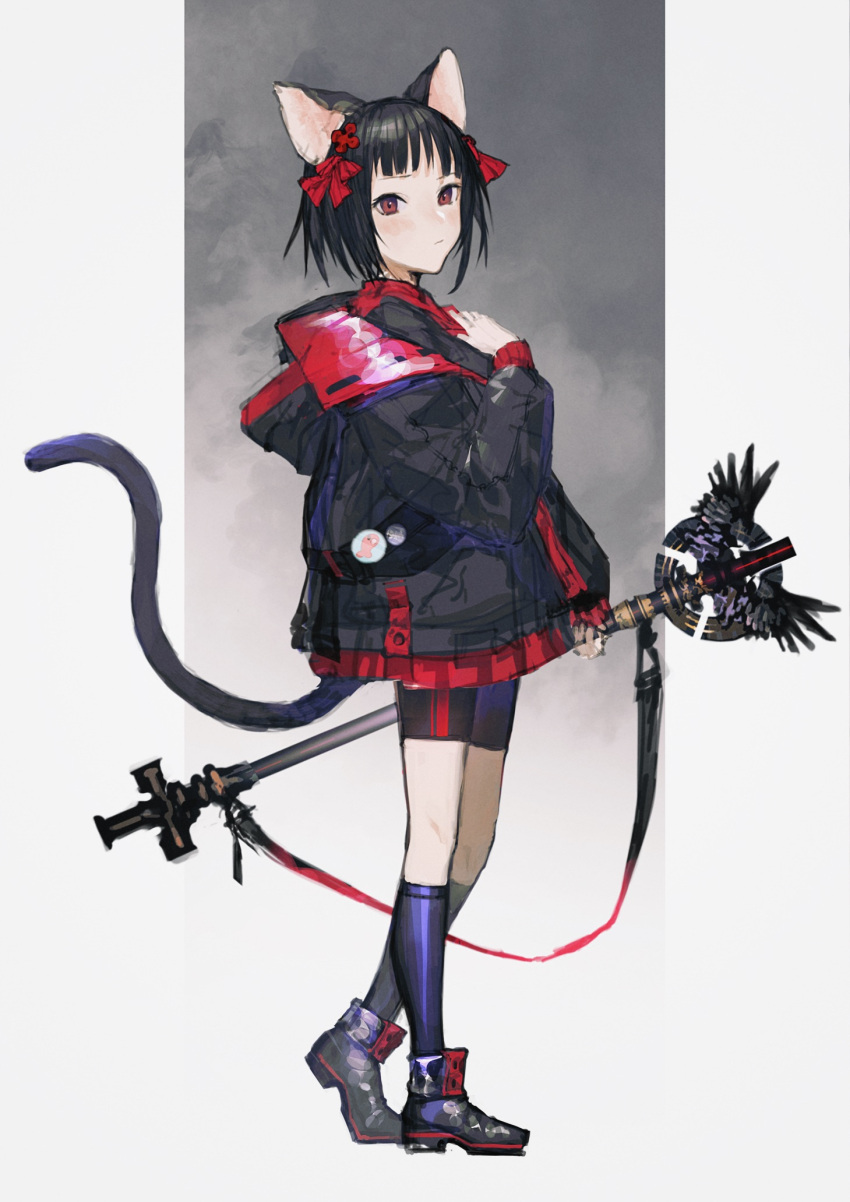 1girl animal_ears black_hair black_jacket blush buttons cat_ears cat_girl cat_tail closed_mouth highres holding holding_staff hood hood_down jacket nonokuro original red_eyes red_skirt short_hair skirt sleeves_past_wrists solo staff standing tail