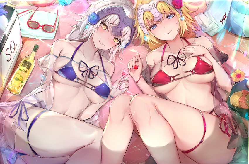 2girls alcohol bangs bare_shoulders beach_towel bikini blonde_hair blue_bikini blue_eyes blue_flower blue_rose blush bottle braid breasts breasts_apart cherry closed_mouth collarbone cup day drinking_glass eyebrows_visible_through_hair fate/apocrypha fate/grand_order fate_(series) feet_out_of_frame fingernails flower food fruit hair_between_eyes hair_flower hair_ornament hand_on_own_chest headpiece highres innertube jeanne_d'arc_(alter)_(fate) jeanne_d'arc_(fate) jeanne_d'arc_(fate)_(all) long_braid long_hair looking_at_viewer lying medium_breasts multi-strapped_bikini multiple_girls nail_polish open_mouth outdoors pale_skin pink_nails purple_nails red_bikini red_flower red_rose revision rose sandals sherryqq side-tie_bikini sidelocks single_braid smile strap_gap sunglasses swimsuit thigh_gap towel wine wine_bottle wine_glass yellow_eyes