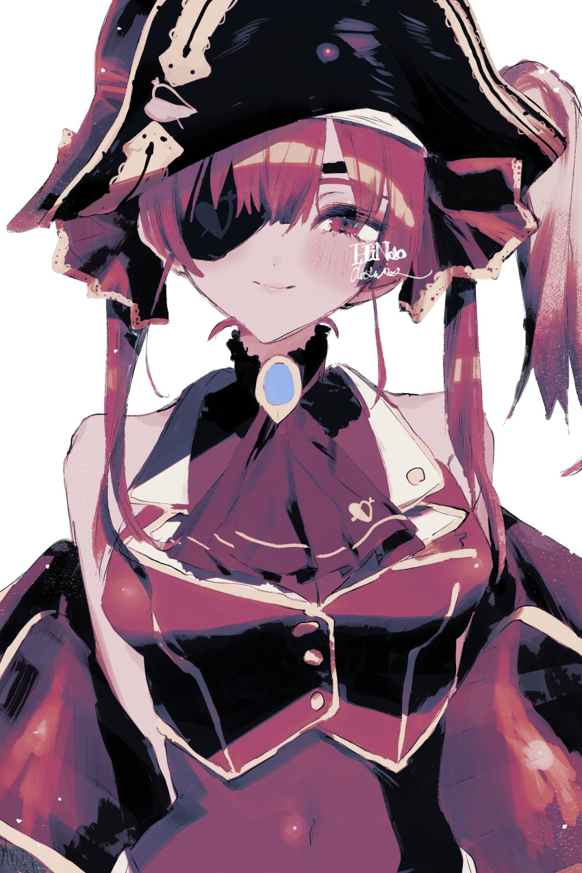 1girl absurdres arrow_through_heart bangs bicorne black_coat black_eyepatch black_neckwear blush bodystocking breasts buttons coat covered_navel crop_top embroidery epaulettes eyepatch fold-over_boots gold_trim hair_ribbon hat heterochromia highres hololive hololive_fantasy houshou_marine jacket long_hair medium_breasts midriff nahio0116 no_eyepatch off_shoulder pirate pirate_costume pirate_hat red_eyes red_jacket red_ribbon redhead ribbon signature sleeveless smile solo twintails virtual_youtuber white_background yellow_eyes