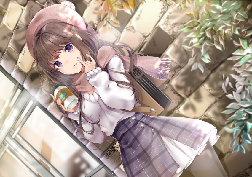 1girl :q akatsuki_hijiri bag bangs black_legwear blurry blush breasts brick_wall brown_bag closed_mouth commentary_request cowboy_shot cup depth_of_field dutch_angle eyebrows_visible_through_hair finger_to_mouth hand_on_own_face hat holding holding_cup hot_drink leaf lens_flare long_hair long_sleeves looking_at_viewer medium_breasts original outdoors pantyhose petticoat pink_headwear plaid plaid_skirt pom_pom_(clothes) purple_skirt scarf shoulder_bag sidelocks signature skirt solo standing steam sweater tongue tongue_out violet_eyes white_sweater window