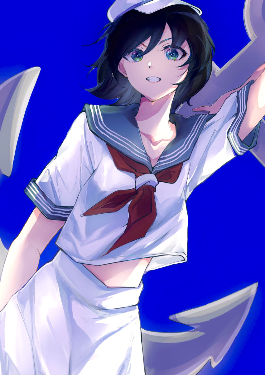 1girl absurdres anchor bangs black_hair blue_background breasts collarbone cowboy_shot dutch_angle green_eyes hair_between_eyes hat highres holding_anchor looking_at_viewer midriff_peek murasa_minamitsu parted_lips red_neckwear ringo_orihara sailor_collar sailor_hat sailor_shirt school_uniform serafuku shirt short_hair short_sleeves simple_background skirt small_breasts solo standing swept_bangs teeth touhou v-shaped_eyebrows white_headwear white_shirt white_skirt