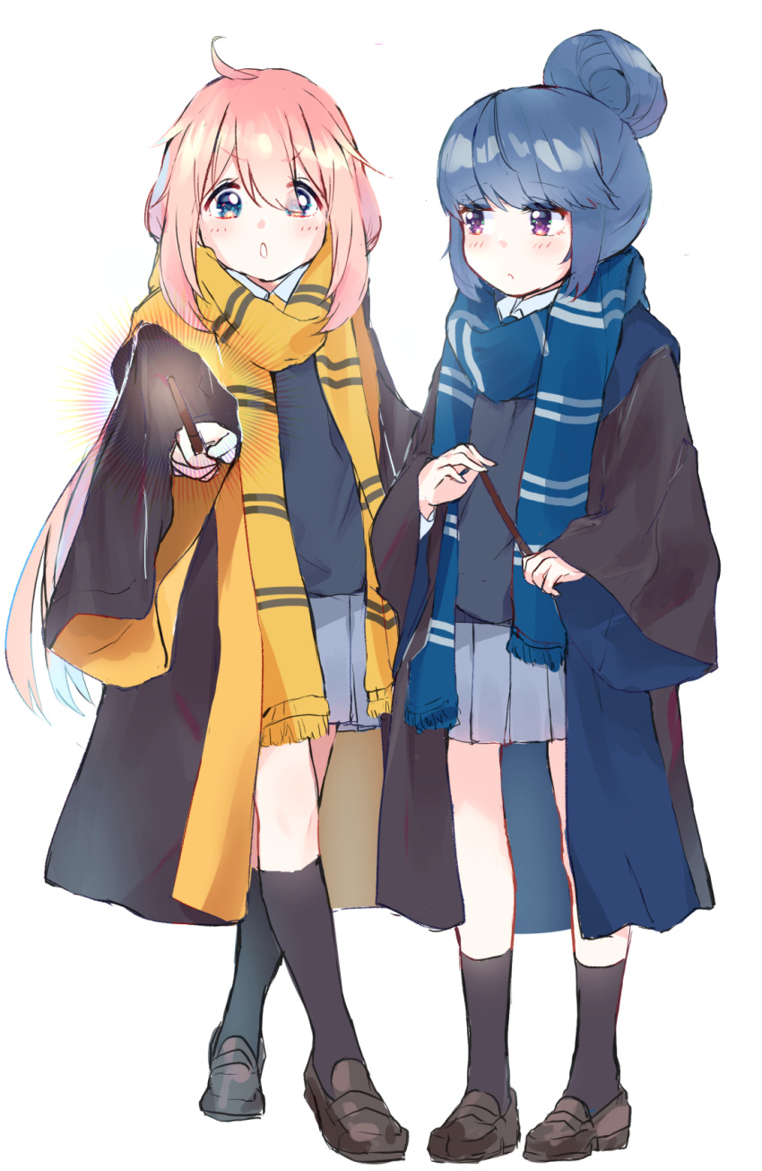 2girls bangs black_cloak black_fox black_legwear black_sweater blue_cloak blue_eyes blue_hair blue_scarf blue_skirt cloak commentary crossed_legs dress_shirt english_commentary eyebrows_visible_through_hair full_body hair_bun halloween halloween_costume harry_potter highres hogwarts_school_uniform holding holding_wand kagamihara_nadeshiko loafers long_hair long_sleeves looking_at_another looking_at_viewer messy_hair miniskirt multiple_girls open_mouth parted_lips pink_hair pleated_skirt ringosutta scarf school_uniform shima_rin shirt shoes short_hair simple_background sketch skirt socks standing striped striped_scarf sweater two-sided_cloak two-sided_fabric v-shaped_eyebrows violet_eyes wand white_background white_shirt wide_sleeves yellow_cloak yellow_scarf yurucamp